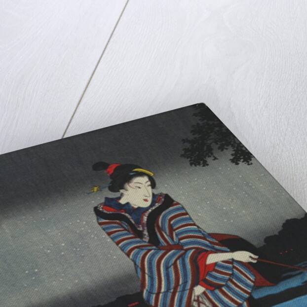 Young woman admiring cherry blossom at night, detail of triptych by Utagawa Hiroshige