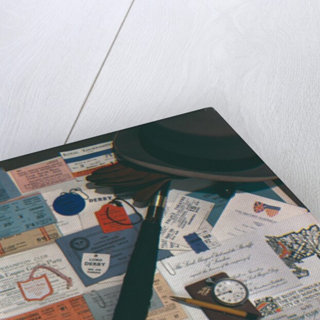Arrangement of hat, umbrella, binoculars case and various tickets by Curtis Moffat