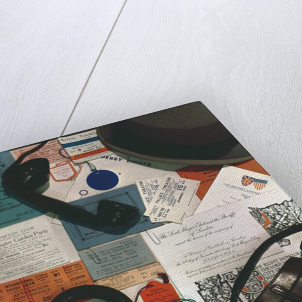 Arrangement of hat, umbrella, binoculars case and various tickets by Curtis Moffat