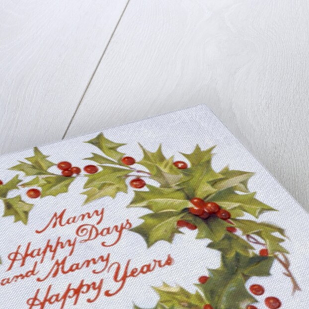 Christmas card depicting a holly wreath by Anonymous