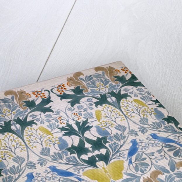 Wallpaper design with stylised flowers and wild animals decoration by Charles Francis Annesley Voysey