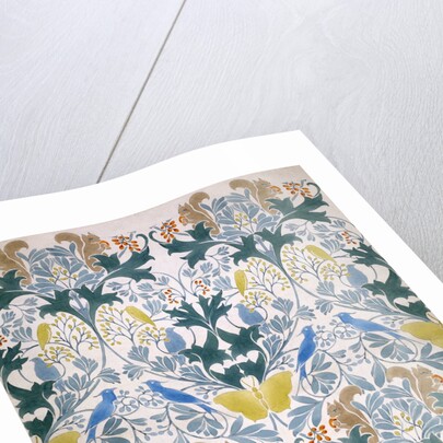 Wallpaper design with stylised flowers and wild animals decoration by Charles Francis Annesley Voysey