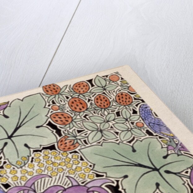 Wallpaper design with bird, flowers and strawberries by Charles Francis Annesley Voysey