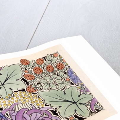 Wallpaper design with bird, flowers and strawberries by Charles Francis Annesley Voysey