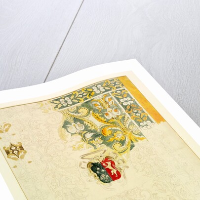 Sketch of a partially coloured-in Spanish leather curtain of the 16th century by William Burges
