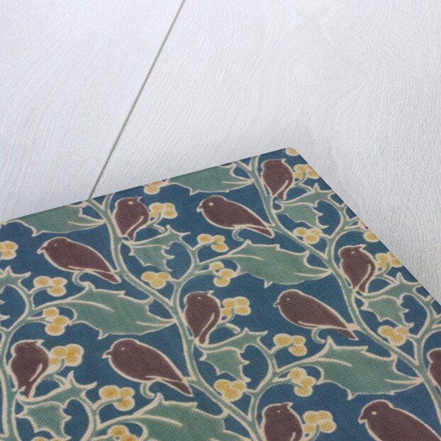 Brown birds perched on holly furnishing fabric by C.F.A.Voysey