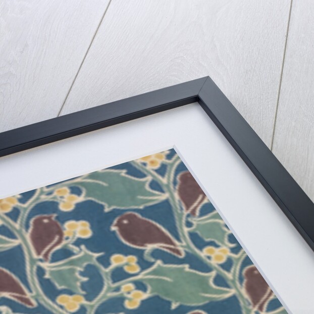 Brown birds perched on holly furnishing fabric by C.F.A.Voysey