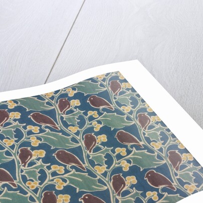 Brown birds perched on holly furnishing fabric by C.F.A.Voysey