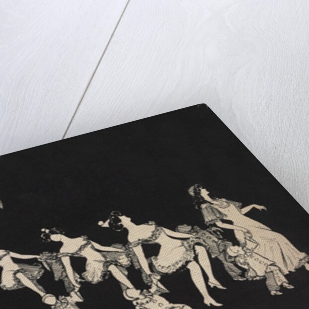 Silhouettes of children dressed as clowns hand in hand with female figures by Anonymous