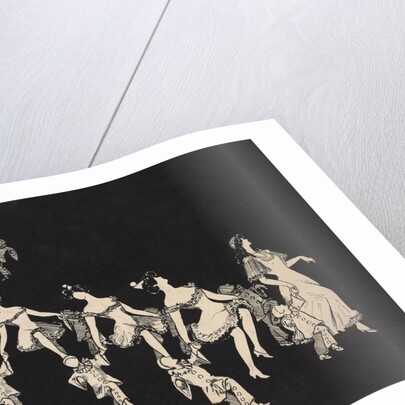 Silhouettes of children dressed as clowns hand in hand with female figures by Anonymous
