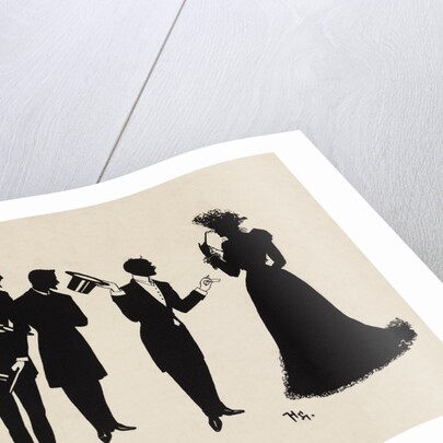 Silhouettes of four gentlemen and a woman in evening  dress by Anonymous
