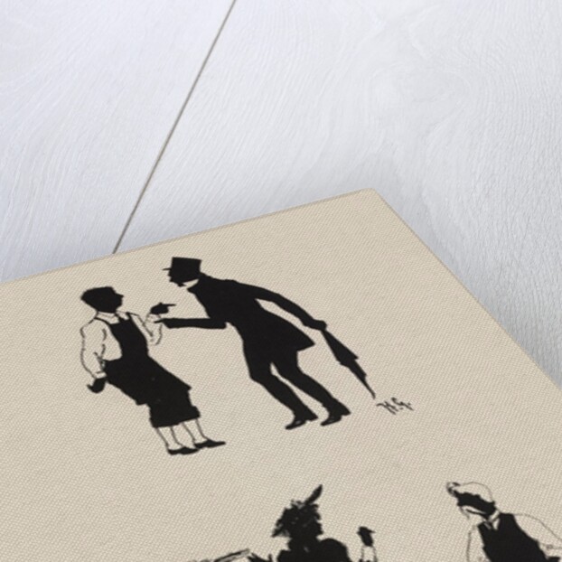 Silhouettes of two male figures debating and two female figures with a gentleman by Anonymous