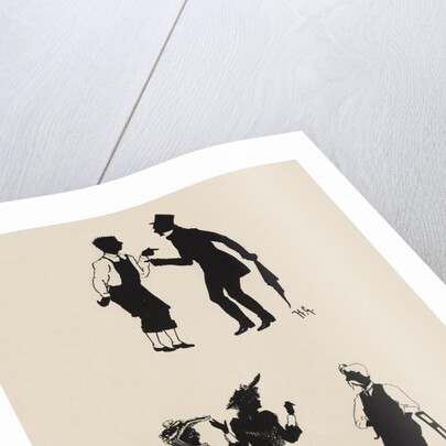 Silhouettes of two male figures debating and two female figures with a gentleman by Anonymous