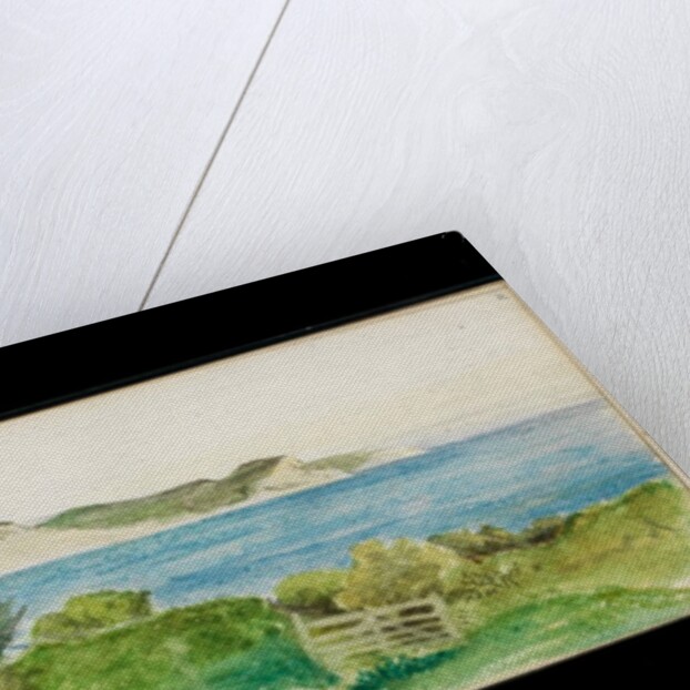 Coastal paths with views of the sea, hills and cliffs in distance by May Morris