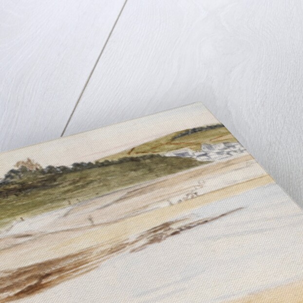 Beach with small coastal village in the background by May Morris