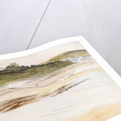 Beach with small coastal village in the background by May Morris