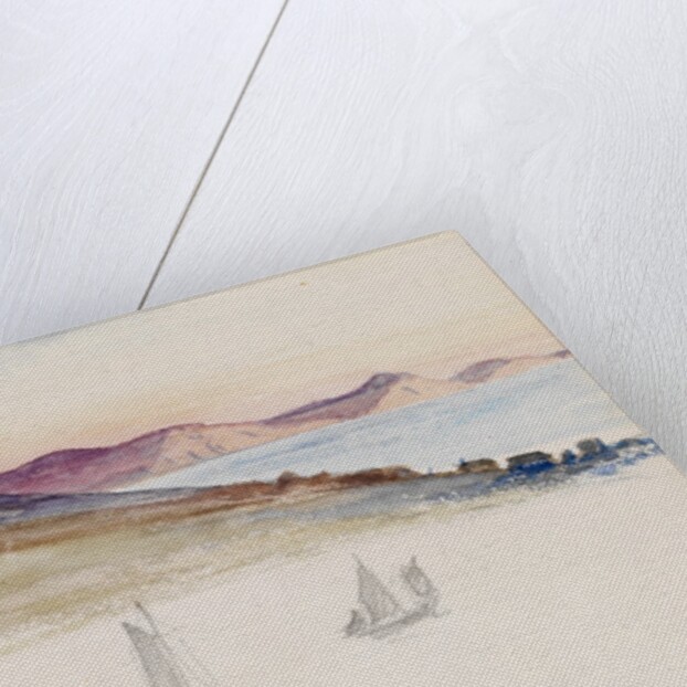 Sailboats with hills and coastal cliffs in the background by May Morris