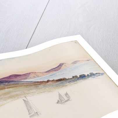 Sailboats with hills and coastal cliffs in the background by May Morris