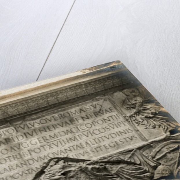 Photograph showing a cast of the inscription on the base of Trajan's Column, in the Victoria and Albert Museum by Anonymous