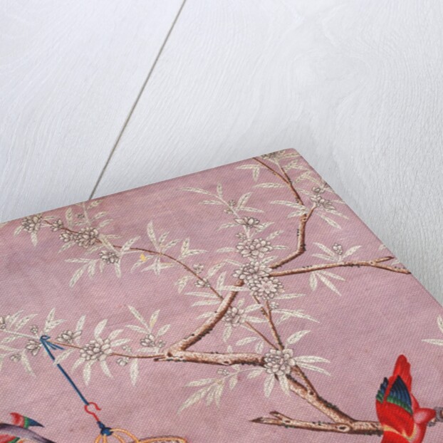 Fragment of Chinese wallpaper showing a bird perching on a branch, one in a cage and another in flight by unknown