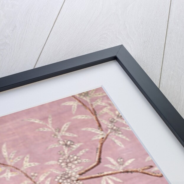 Fragment of Chinese wallpaper showing a bird perching on a branch, one in a cage and another in flight by unknown