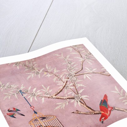 Fragment of Chinese wallpaper showing a bird perching on a branch, one in a cage and another in flight by unknown