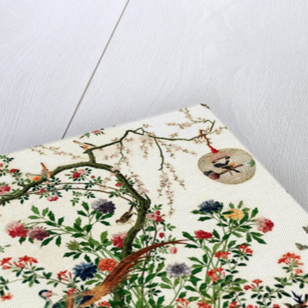 Coverlet of a solitary tree with a caged bird on a branch and a pair of pheasants by Unknown