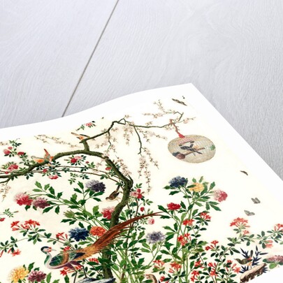 Coverlet of a solitary tree with a caged bird on a branch and a pair of pheasants by Unknown