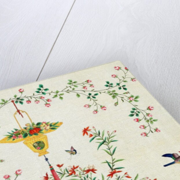 Bird and butterflies in flight around yellow hanging rattan basket of fruits by Unknown