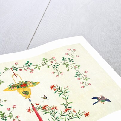 Bird and butterflies in flight around yellow hanging rattan basket of fruits by Unknown
