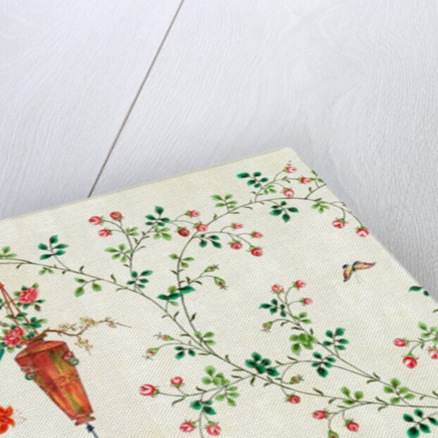 Bird and butterflies in flight around red hanging vase of flowers by Unknown