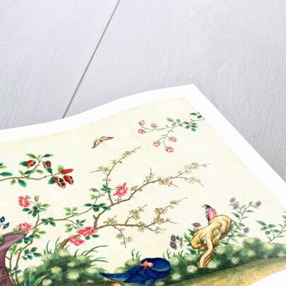 Pair of blue birds pecking around a vase in the centre with birds perching on rock by Unknown