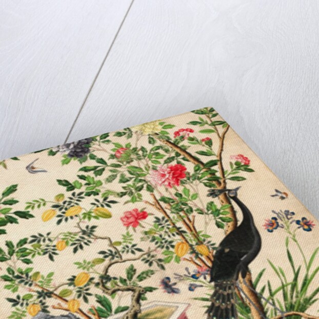 Wallpaper with pair of peacocks and a pot of starfruit by unknown