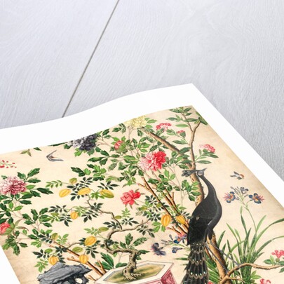 Wallpaper with pair of peacocks and a pot of starfruit by unknown