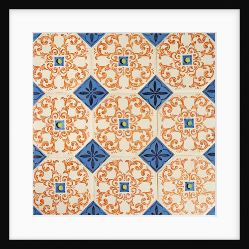 Hexagonal tiles with vermillion floral scrolls surrounding a blue square by Unknown