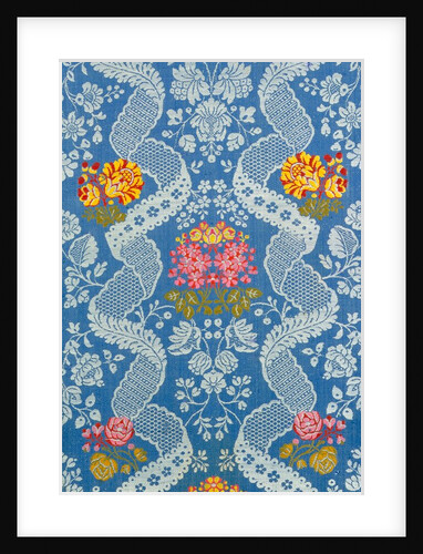 Dress fabric with a design of flowers and lace like vines by Unknown