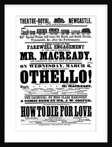 Othello!, theatre poster printed by M. Benson for the Newcastle Theatre-Royal by unknown