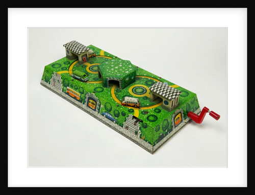 Clockwork toy scene with bus station and park by Unknown