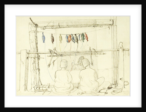 Three weavers seated at a loom by Lockwood Kipling