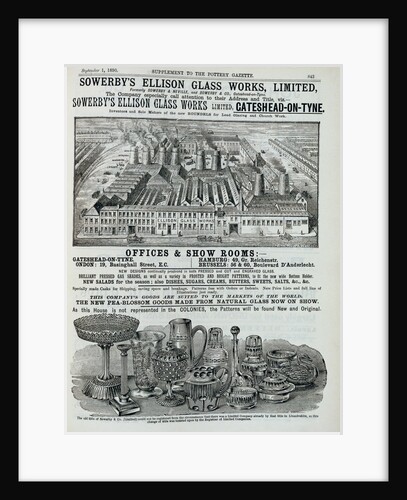 Advertisement for Sowerby's Ellison Glass Works. London, England, 1890 by Anonymous