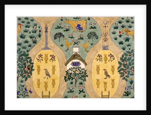 Textile design depicting a farm by Charles Francis Annesley Voysey