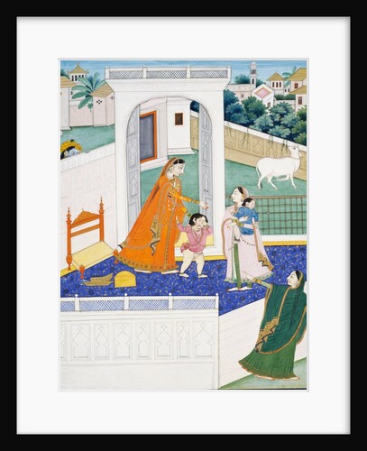 Krishna Peering Over a Wall at Radha & Children. Mandi, Punjab Hills, India, 1840 by Unknown