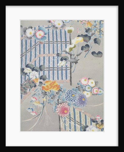 Detail from a kimono depicting flowers and bamboo fences by Anonymous