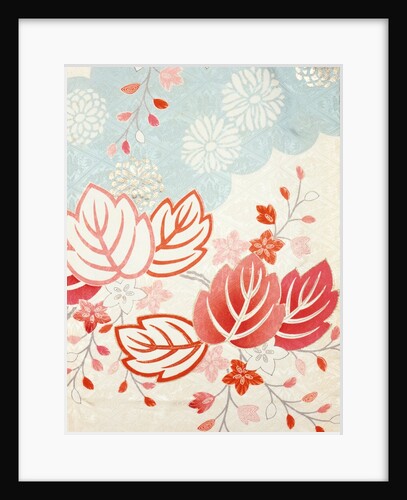 Detail from a kimono depicting flowers, leaves and clouds by Anonymous