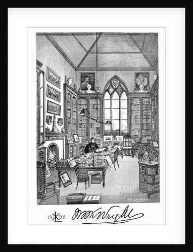 Bookplate depicting a man in a Victorian study by Alan Wright