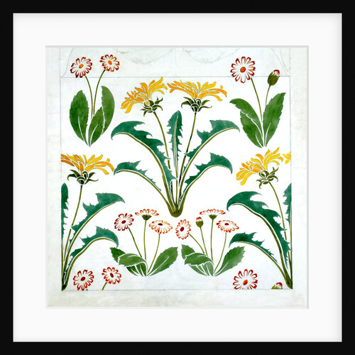 The Furrow wallpaper design with red edged daisies and yellow dandelion by Charles Francis Annesley Voysey