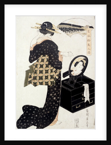 A geisha standing in front of dressing mirror. Yeizan, Japan, 1815 by Eisan