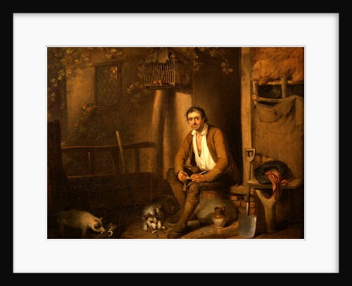 A cottage exterior, a labourer filling his pipe by William Redmore Bigg