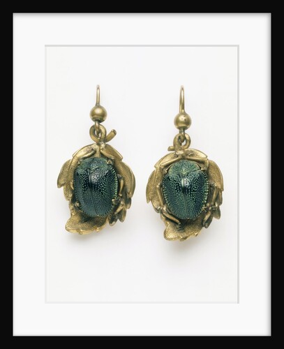 Earrings set with irridescent South American beetles by Unknown