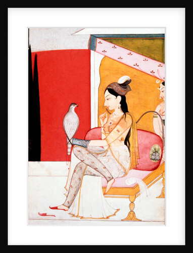 The Lady with the Hawk;  Illustration to the Musical Mode Ragini Vasant;  Indian (Gular, Punjab Hills);  c.1750.Watercolour on paper. by Unknown